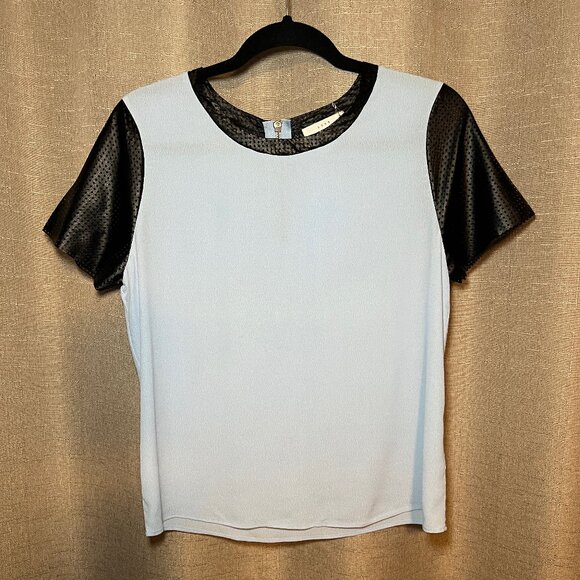 Lush Light Blue Top with Faux Leather Mesh Sleeves - Picture 1 of 6